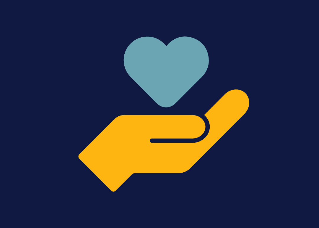 yellow hand and teal heart on navy