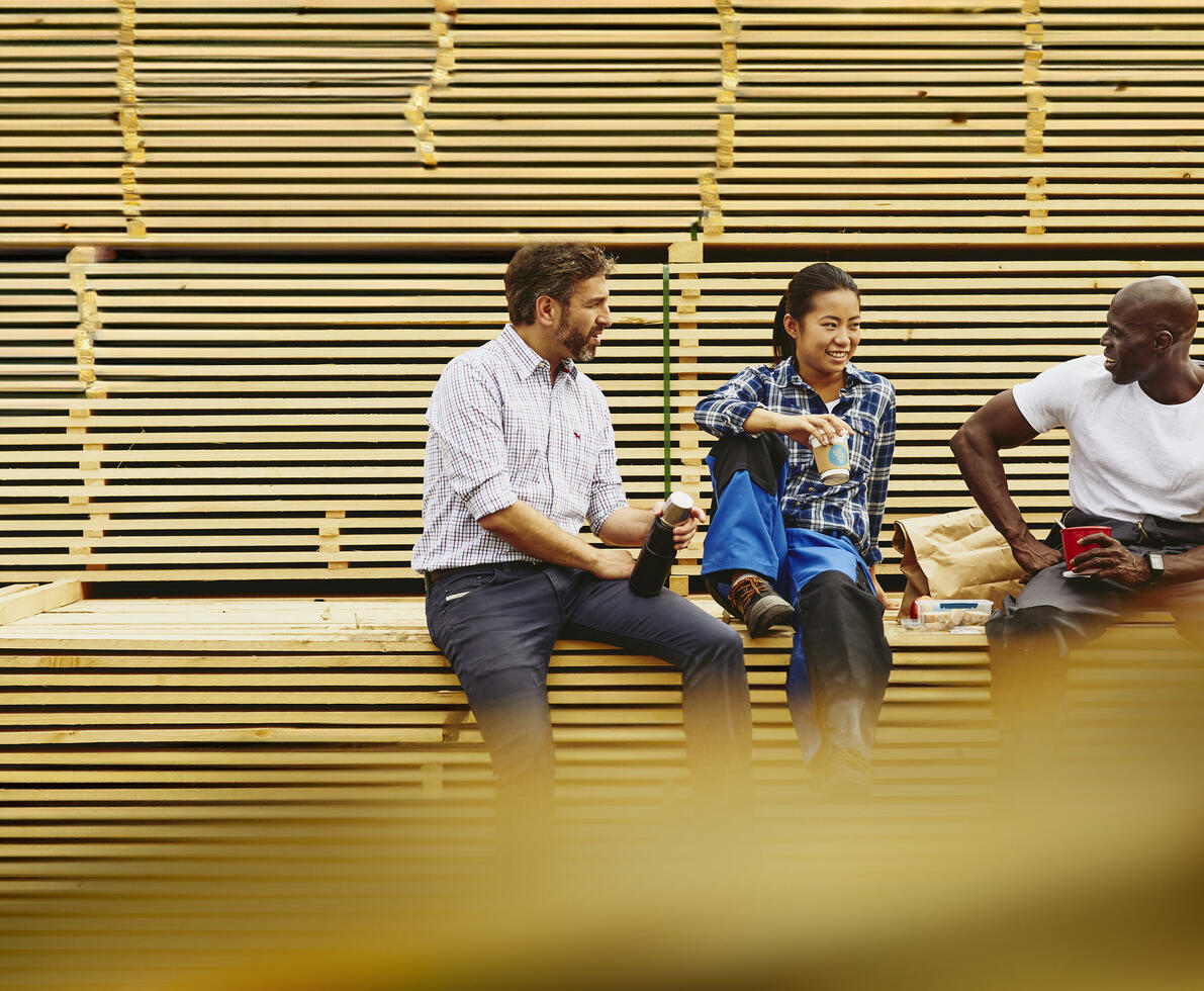 Three colleagues having a laugh during a lunch break while sitting on a pile of wood.
 Three colleagues having a laugh during a lunch break while sitting on a pile of wood.